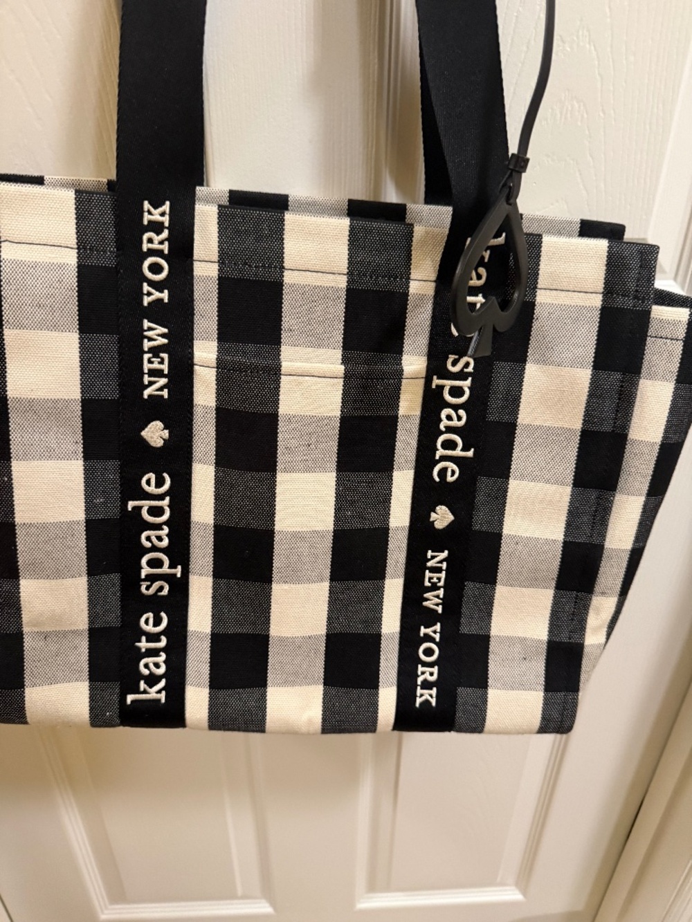 Kate Spade New York Gingham Plaid Canvas Tote Bag Black White